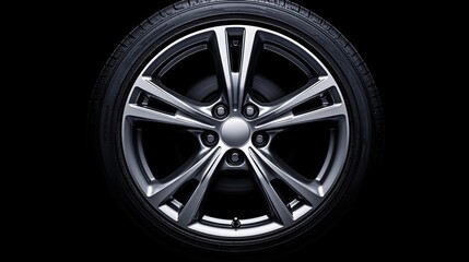 Obraz premium An illustration of a car wheel on a black background. The 3D rendering shows summer tires for a car. 