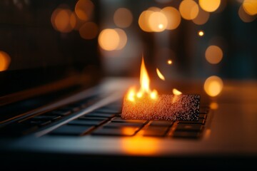 Flames flicker atop a laptop keyboard illuminating surroundings in a cozy setting during evening hours