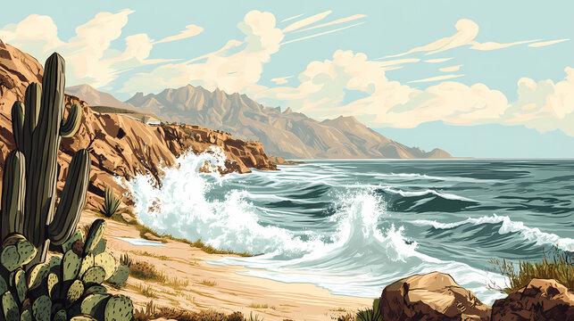 Desolate coastline with waves crashing against rocky shores, desert landscape, sky, baja california. Desert Shores. Illustration