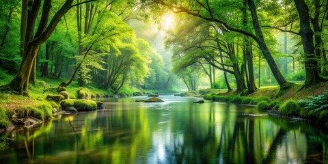 Obraz premium Tranquil forest landscape with lush greenery and a serene river flowing through the heart of nature , natural scenery, woodland ambiance