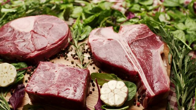 Different types of raw beef steaks, including T-bone and Osso Buco cuts, displayed on a rustic wooden table. Perfect for culinary, cooking, or butcher-related content