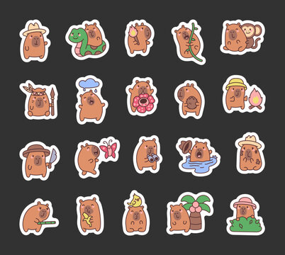 Adorable set of capybara characters exploring jungle life with charming expressions, engaging adventures, funny poses, and creative elements in a delightful kawaii cartoon illustration style