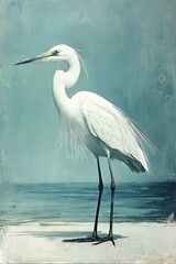Naklejka premium A white bird with a long neck stands on a beach in front of a body of water in a painting