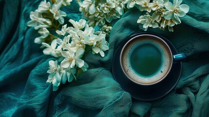   A cup of coffee perched atop a table beside an array of white blossoms on verdant fabric