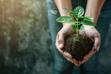 Earth Day concept  hands holding big plant over green background