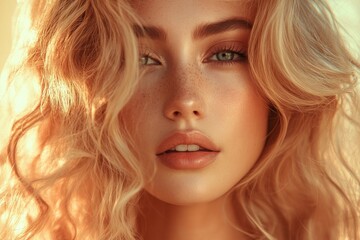 Naklejka premium Young woman with wavy blonde hair and freckles poses warmly in golden sunlight during early evening