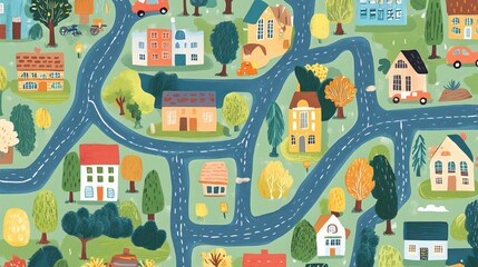 Charming children's maze featuring a city map, guiding them through streets filled with playful symbols like cars, houses, and lush trees. This vibrant