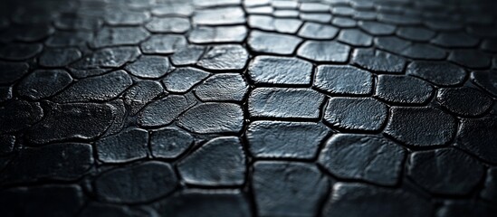 Close-up view of textured dark stone pavement with intricate patterns and shadows