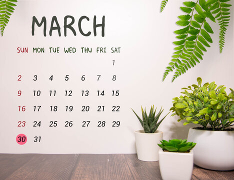 Wooden block calendar with date March 30 on blue yellow backround.