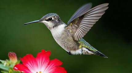   Hummingbird hovering over a red flower with wings spread and head in air