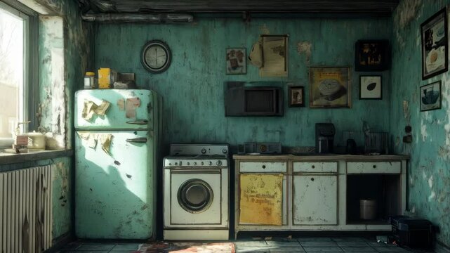 Sunlit vintage kitchen with rustic decor and retro appliances in gentle motion