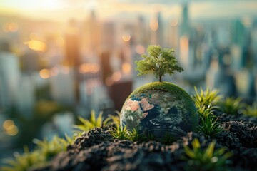 Go green city. Save earth planet world concept. Ecology friendly with green eco earth.