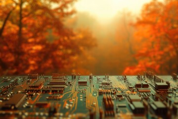Obraz premium A circuit board rests in front of a blurred autumnal forest, symbolizing the intersection of nature and technology.