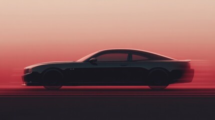 Naklejka premium Sleek black sports coupe driving fast at sunset.