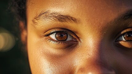 Close-up of a young woman's brown eyes looking directly at the camera with a warm glow on her skin.