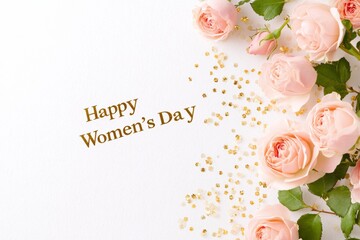 Celebrate Women's Day with a joyful golden banner and beautiful roses on a bright background