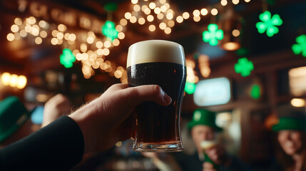 A hand raises a pint of dark beer with a frothy head in a lively Irish pub decorated with glowing shamrocks and festive lights, celebrating St. Patrick's Day with friends wearing green hats.