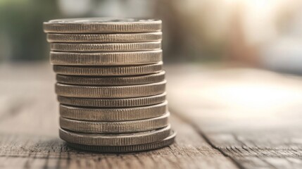 Stack of coins on wooden table.