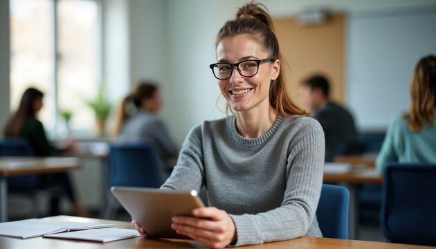 Middle-aged female teacher sits at office desk in classroom. Holds tablet, looks directly at camera. Students sitting in blurred background. Inside modern school education center. Smiling happy