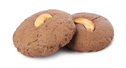 Tasty chocolate cookies with cashew isolated on white