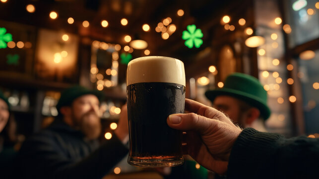  hand lifts a frothy pint of dark beer in a lively Irish pub decorated with glowing shamrocks and warm golden lights, as friends in green hats celebrate St. Patrick's Day with laughter and camaraderie