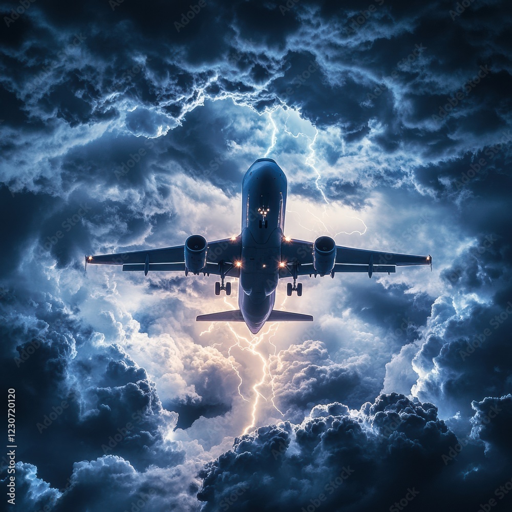 Poster airplane navigates turbulent storm clouds with flashes of lightning in dramatic night sky. generativ