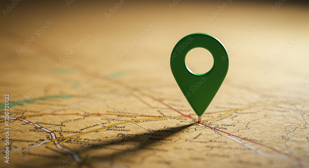 Poster map with green location marker on a map. green location marker on a map. travel image with location 