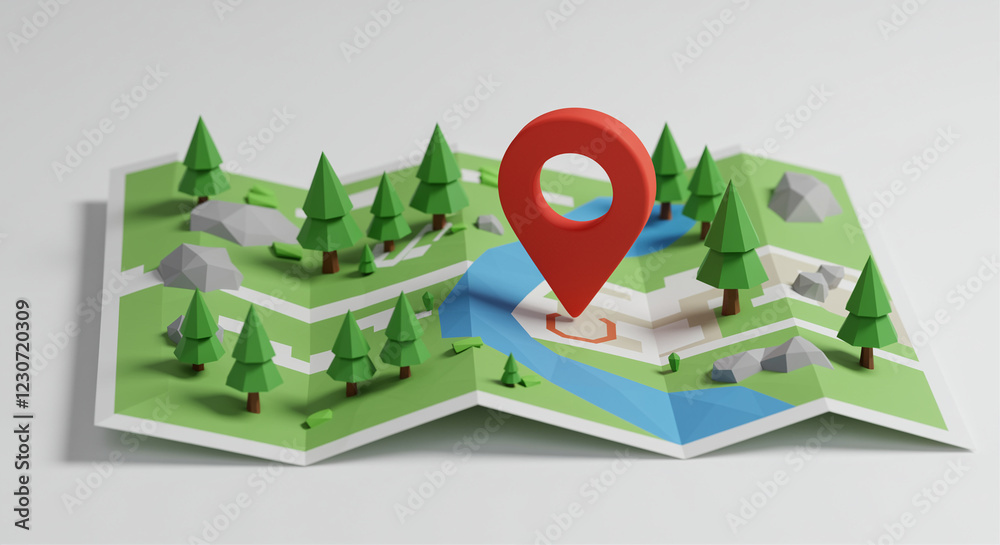 Poster map with location pin on unfolded paper map. paper map with trees and river and location pin