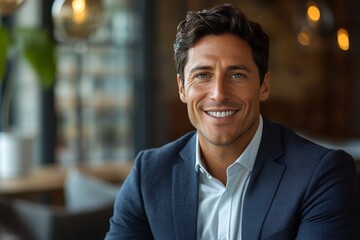 Fototapeta premium Smiling man in a blazer sits confidently at a modern cafe with warm lighting and stylish decor
