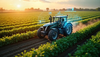 Fototapeta premium Modern tractor works in agricultural field. Futuristic tech manages crop growth with holographic data displays. Sunny day in rural landscape. Advanced eco farming method. Sustainable agriculture.
