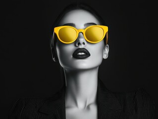 Bold fashion statement with yellow sunglasses and dark attire © BrandwayArt