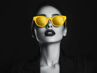 Bold fashion statement with yellow sunglasses and dark attire © BrandwayArt