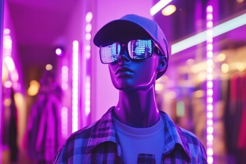 Stylish mannequin wearing vibrant sunglasses displays modern fashion in neon-lit storefront at night