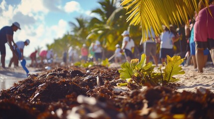 Community members participate in a beach clean-up, removing seaweed and debris under sunny skies