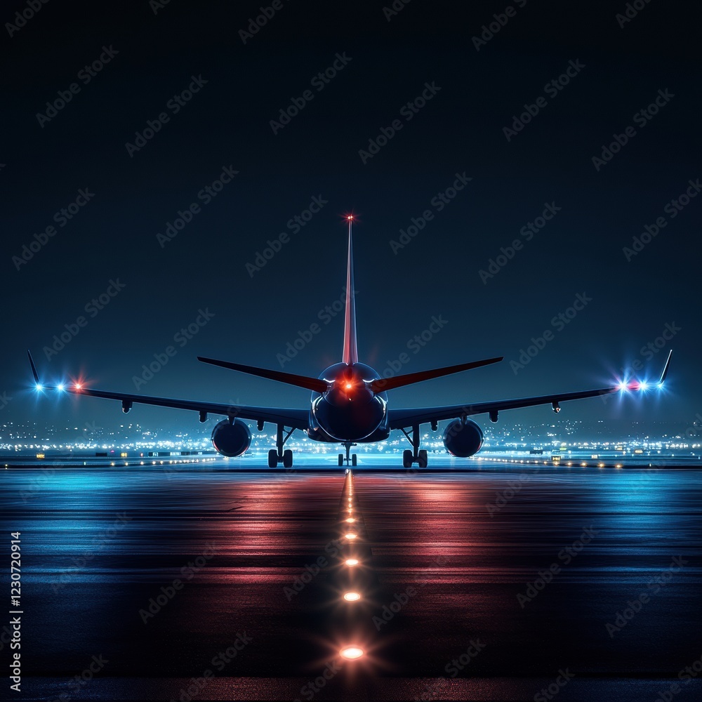 Poster illuminated airplane preparing for takeoff on a runway during a clear night sky. generative ai