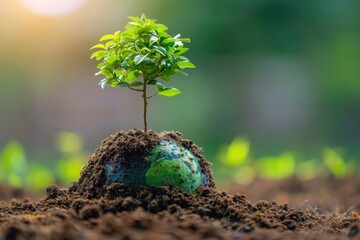 Planting tree on green globe for arbor day and world environment conservation csr concept