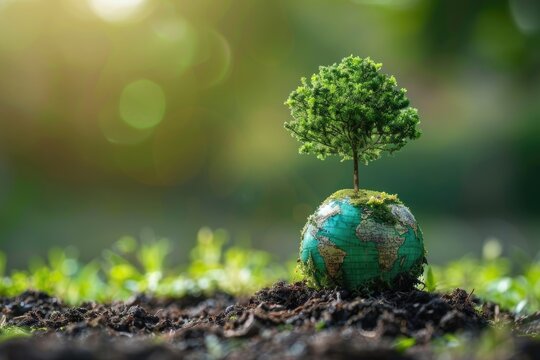 Planting tree on green globe for arbor day  and world environment conservation csr concept