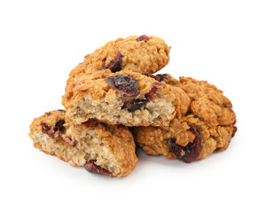 Delicious oatmeal cookies with dried cranberries and nuts isolated on white