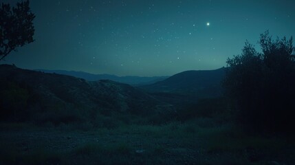 Naklejka premium Starry night over a tranquil mountain valley.