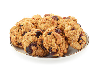 Delicious oatmeal cookies with dried cranberries and nuts isolated on white