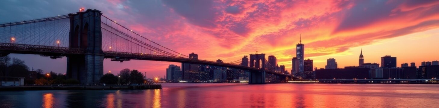 Fototapeta Iconic Brooklyn Bridge sunset panorama, vibrant colors, stunning, manhattan, brooklyn