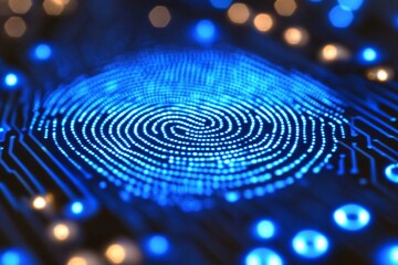Blue circular fingerprint design on a circuit board with glowing lights representing technology and biometrics