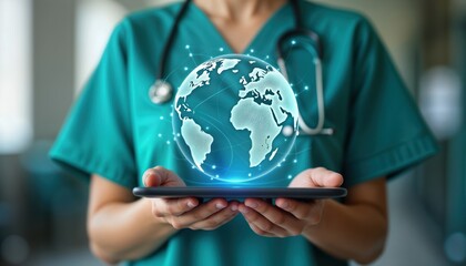 Doctor holds 3d globe network. Modern tech medical pro uses tablet. Global healthcare digital support. Global hospital network visualized. Future of medicine. Global community health care. Tech