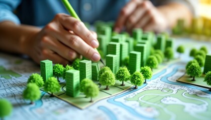 Fototapeta premium Urban planner designs eco-friendly city model. Green buildings, vegetation surround miniature city landscape. Person uses pencil to plan sustainable urban development. Blueprint shows city