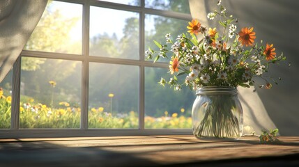Sunlit wildflowers in glass jar on windowsill. (2)