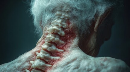 Obraz premium Close-up of an elderly person's back, showing the spine with red, inflamed skin.