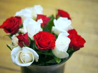 Fototapeta premium Red and white moss roses (Rosa × centifolia ‚Muscosa’) in a glass vase. Concept: romance, valentine’s day, gift, anniversary, celebration, congratulation,