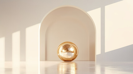 Golden sphere reflection in minimalist white archway setting. Diamond Archway. Illustration