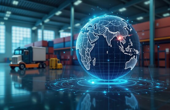 Global digital logistics concept. Futuristic tech globe shows international transport routes. Modern warehouse with cargo containers, vehicles. Abstract representation of worldwide commerce, freight.