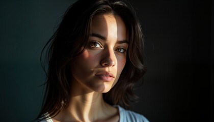 Young woman poses for dramatic portrait in studio. Light, shadow create intense mood. Expression contemplative, serious. Model looks directly at viewer with captivating gaze. Brunette hair adds depth